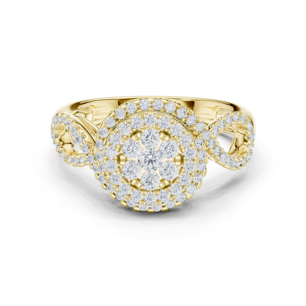 Round Diamond Cluster Double Halo Engagement Ring with Twisted Pavé Band
