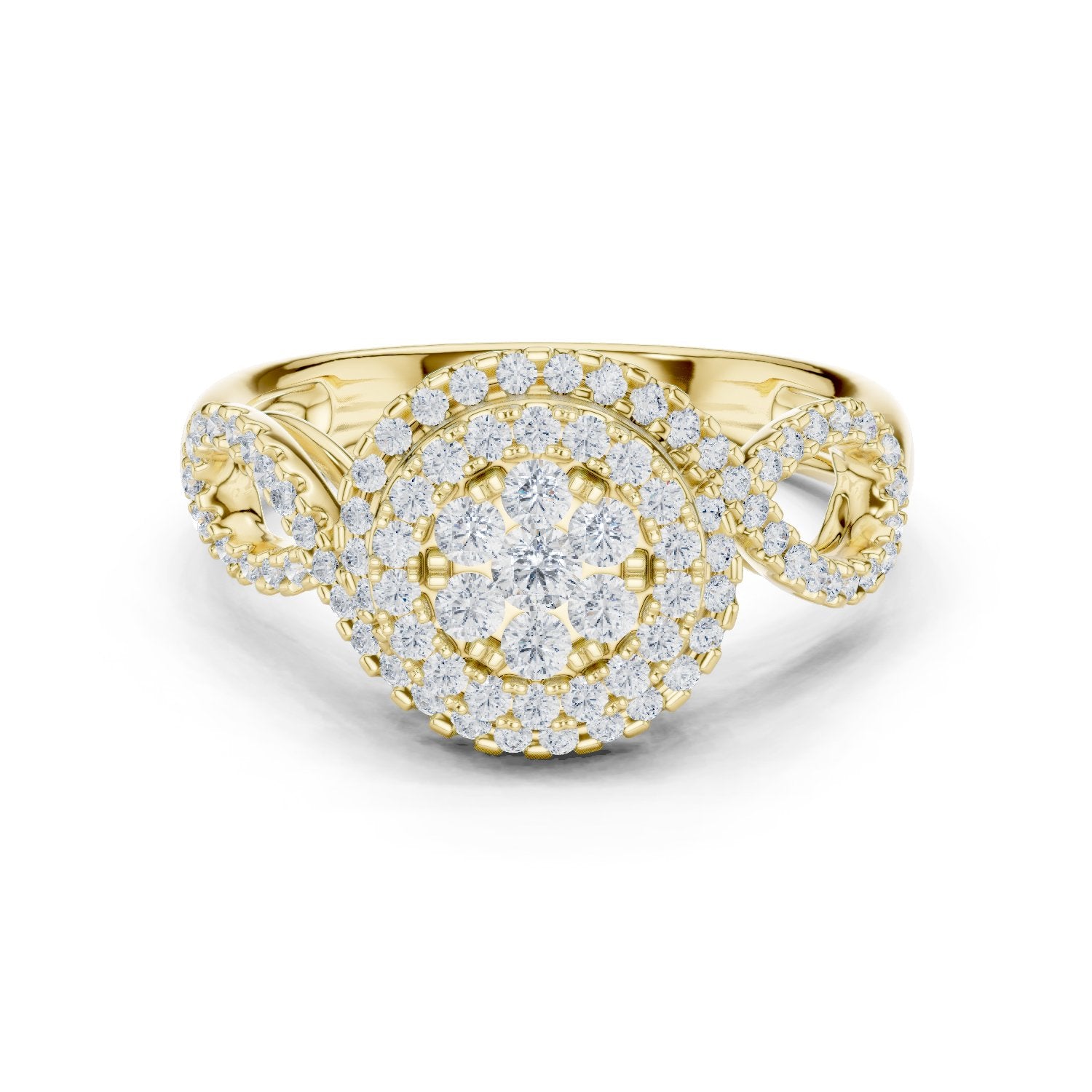 Round Diamond Cluster Double Halo Engagement Ring with Twisted Pavé Band