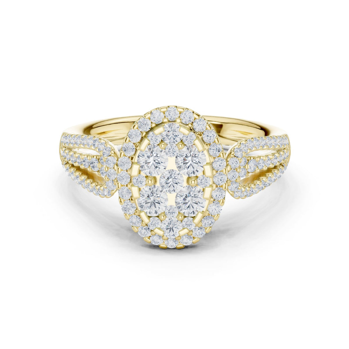 Round Diamond Constellation Oval Cluster Engagement Ring with Split Shank Pavé Band