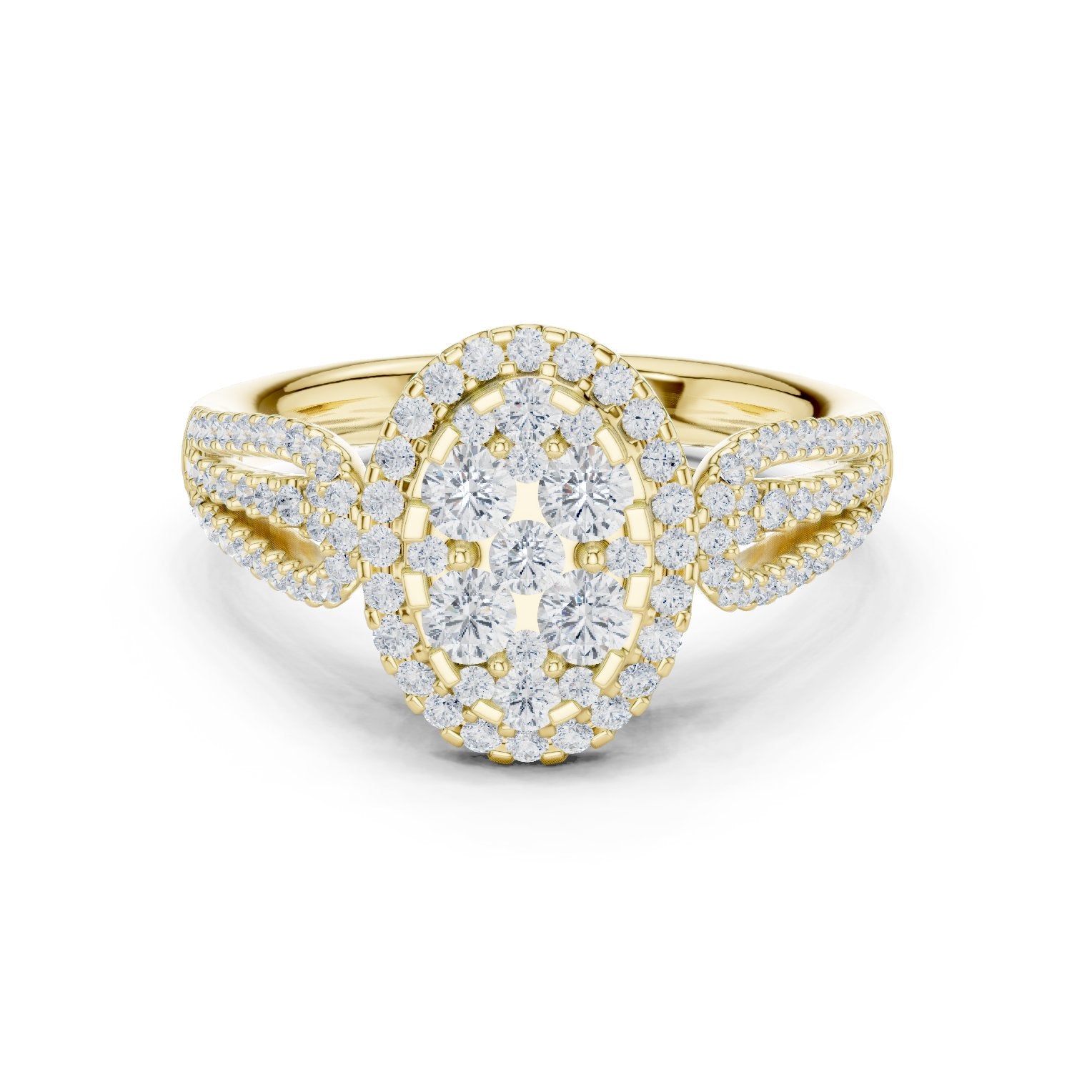 Round Diamond Constellation Oval Cluster Engagement Ring with Split Shank Pavé Band