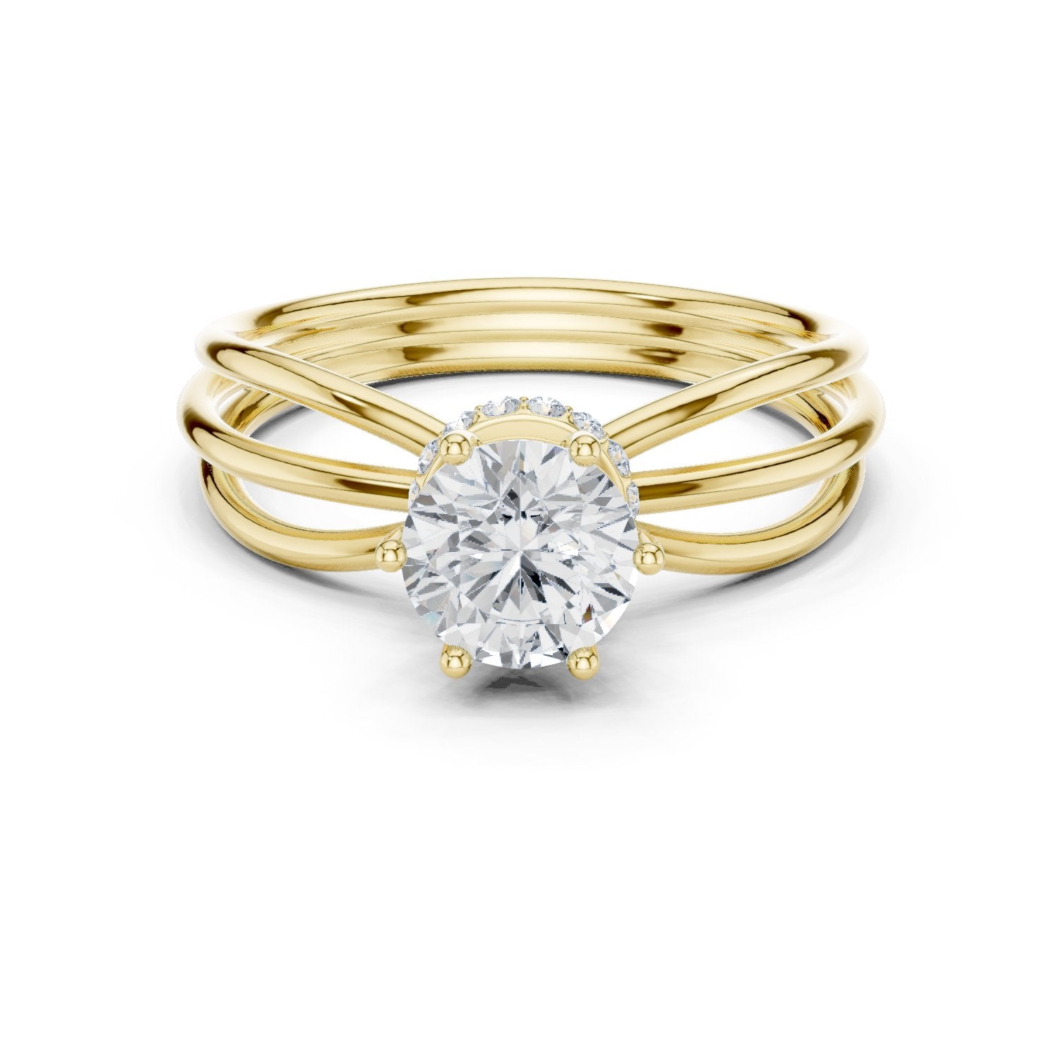 Round Diamond Triple Band Hidden Halo Solitaire Engagement Ring