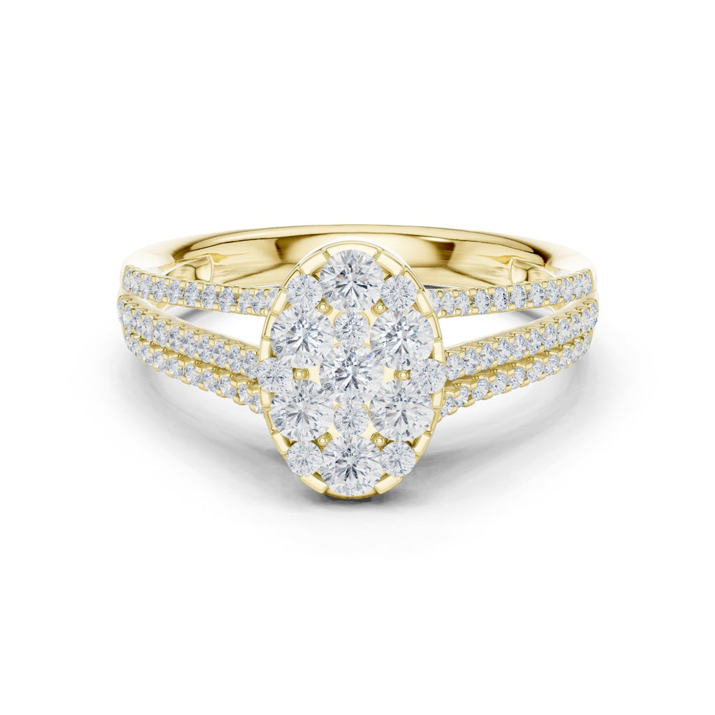 Round Diamond Oval Cluster Engagement Ring with Split Shank Pavé Band