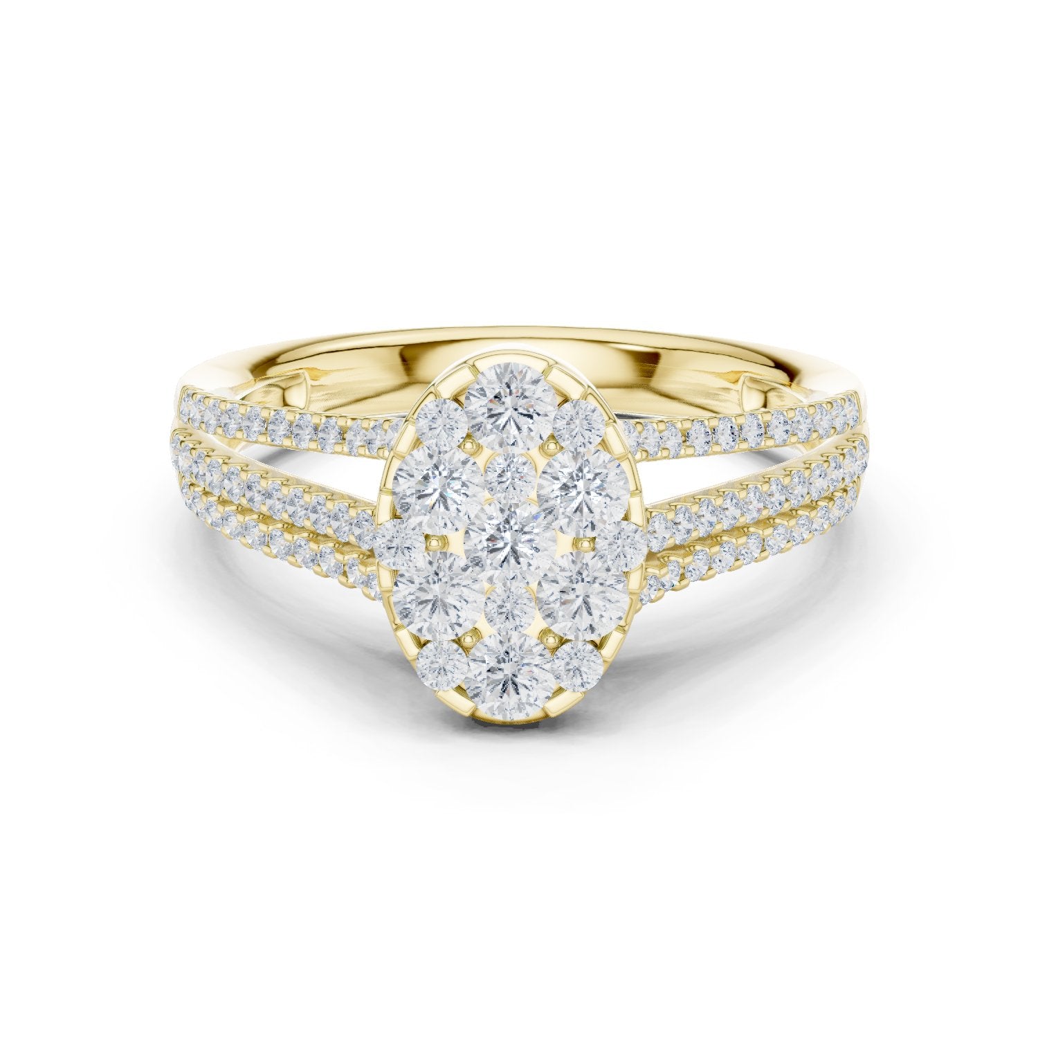 Round Diamond Oval Cluster Engagement Ring with Split Shank Pavé Band