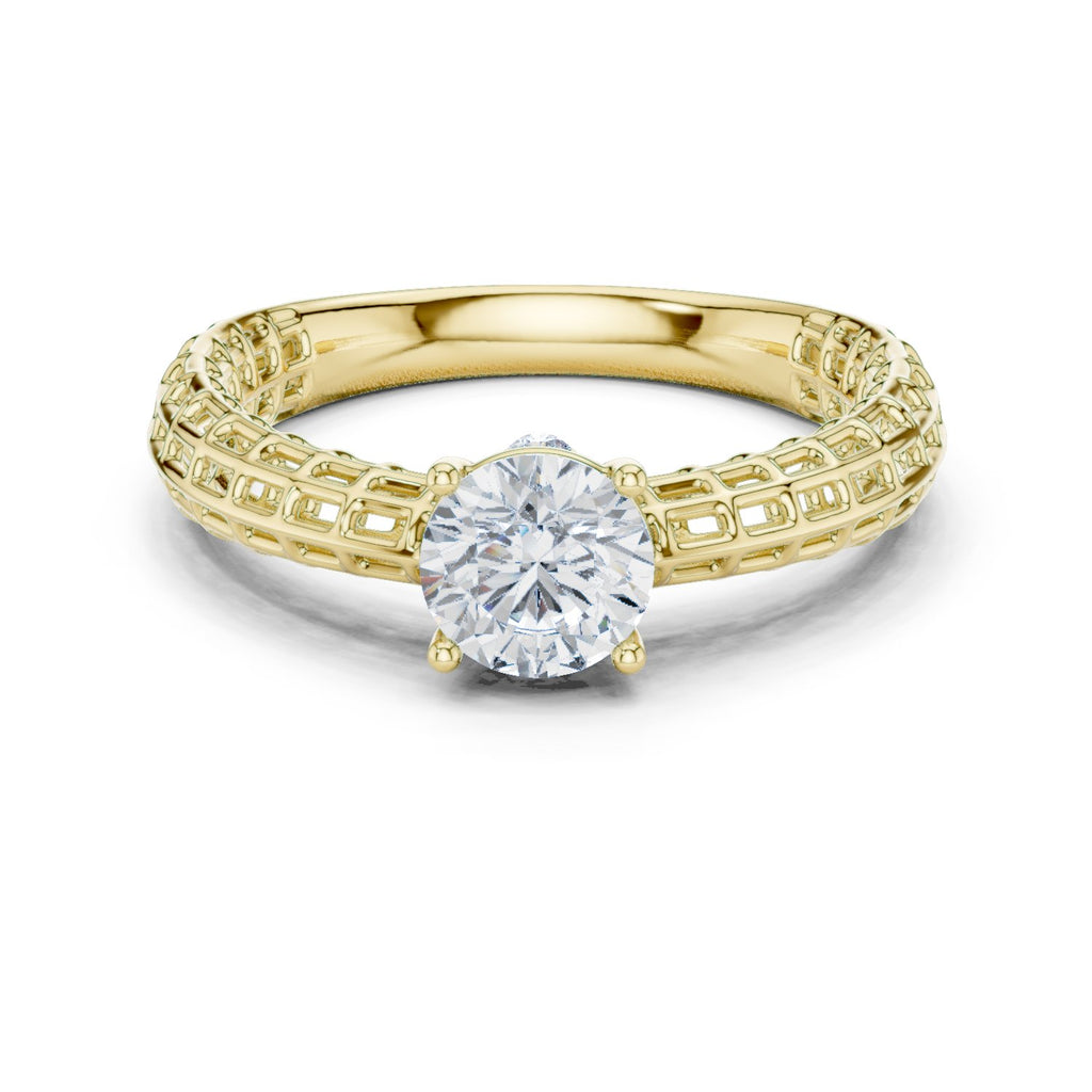 Round Diamond Three Stone Engagement Ring with Openwork Band