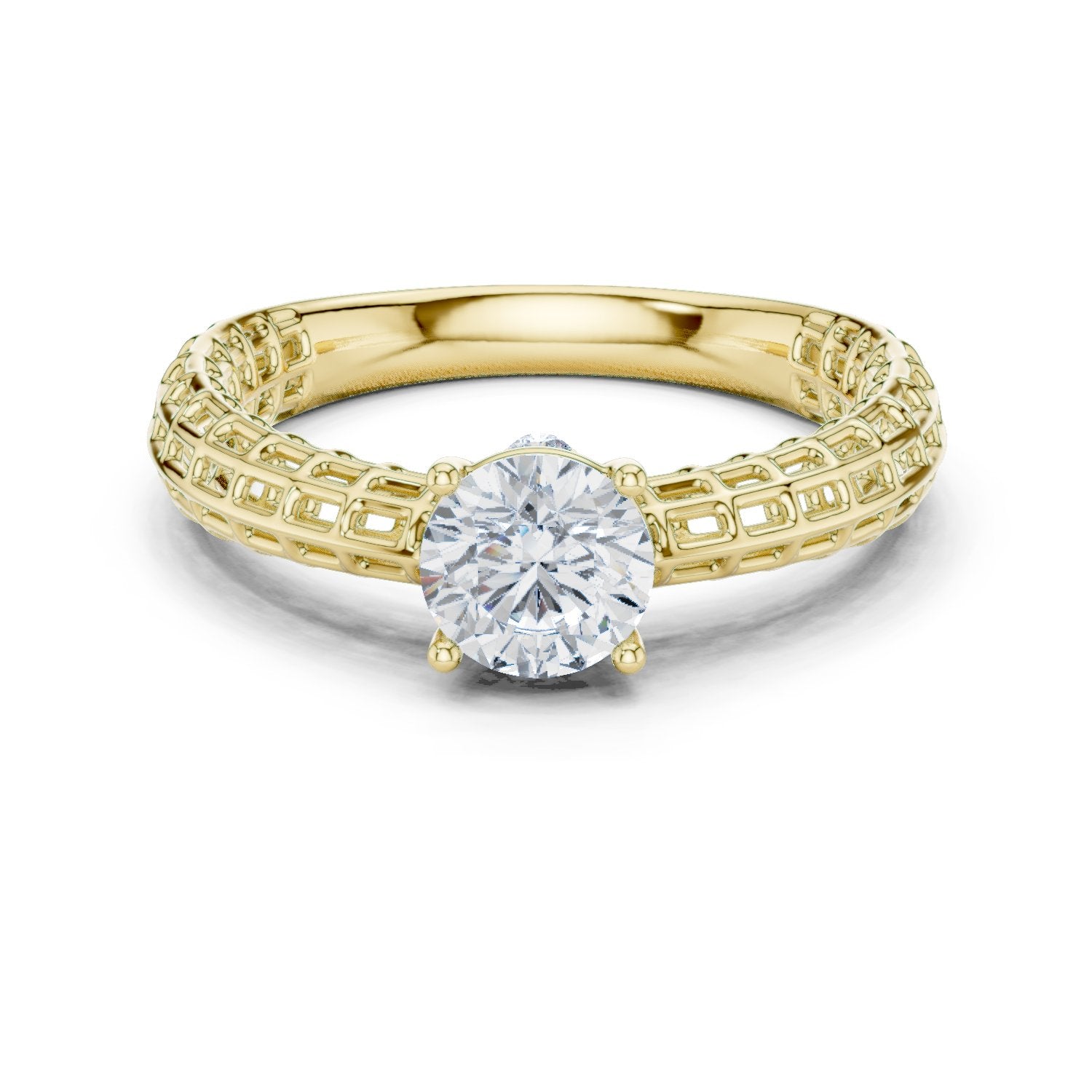 Round Diamond Three Stone Engagement Ring with Openwork Band