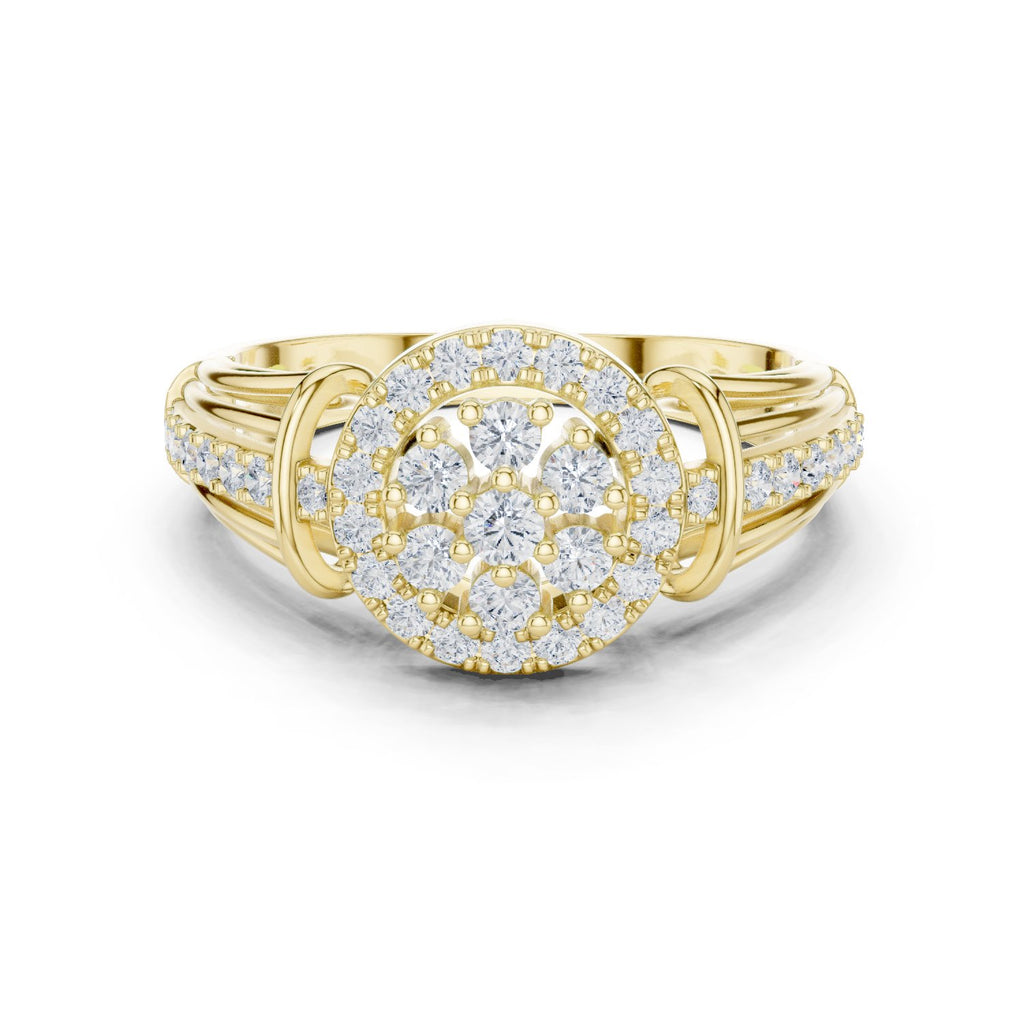 Round Diamond Cluster Halo Engagement Ring with Decorative Split Shank