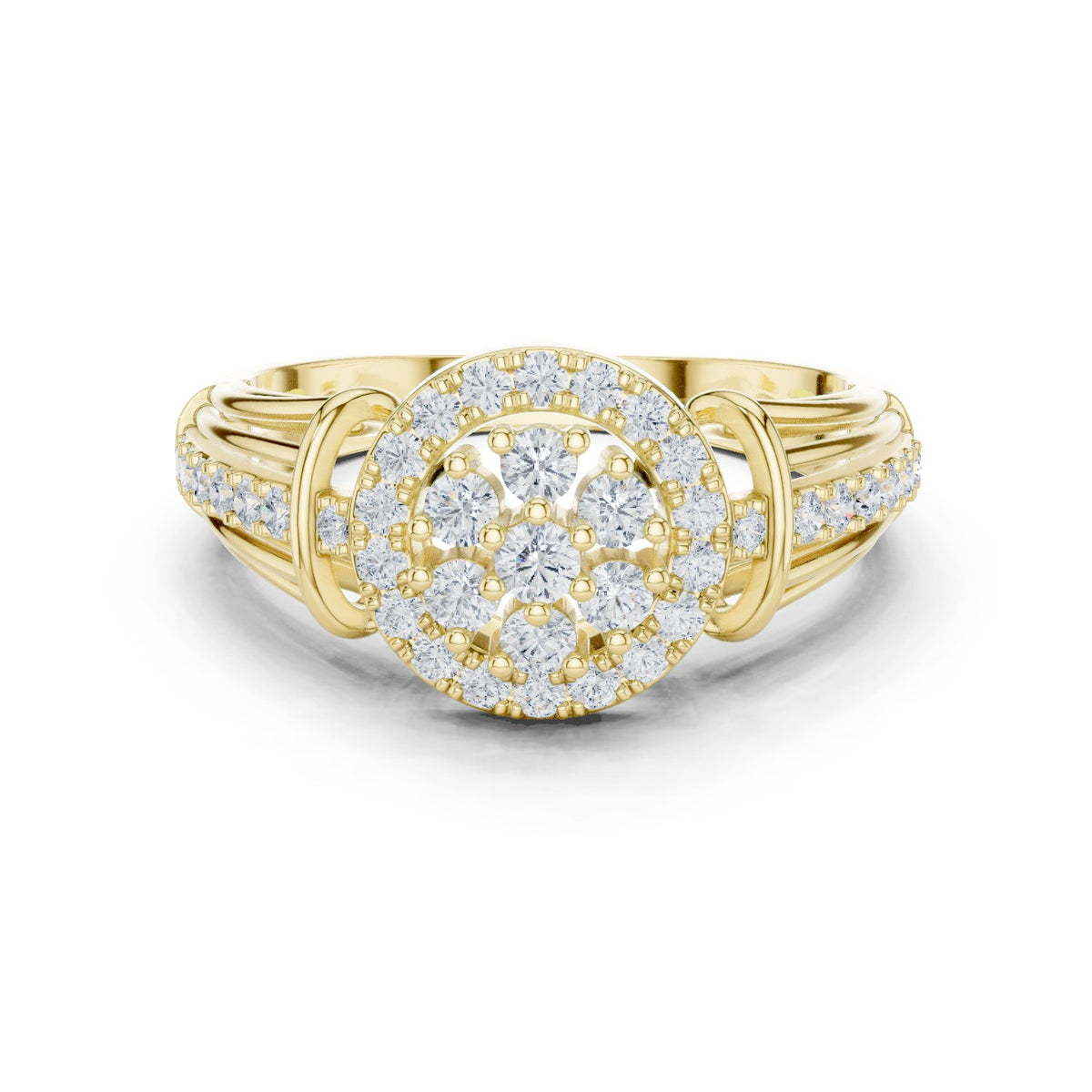 Round Diamond Cluster Halo Engagement Ring with Decorative Split Shank