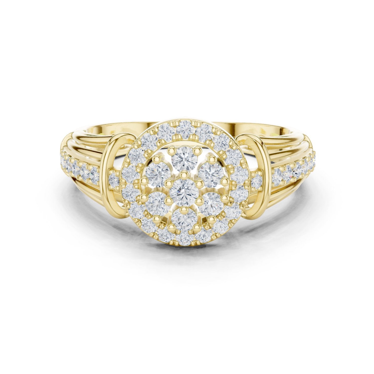 Round Diamond Cluster Halo Engagement Ring with Decorative Split Shank