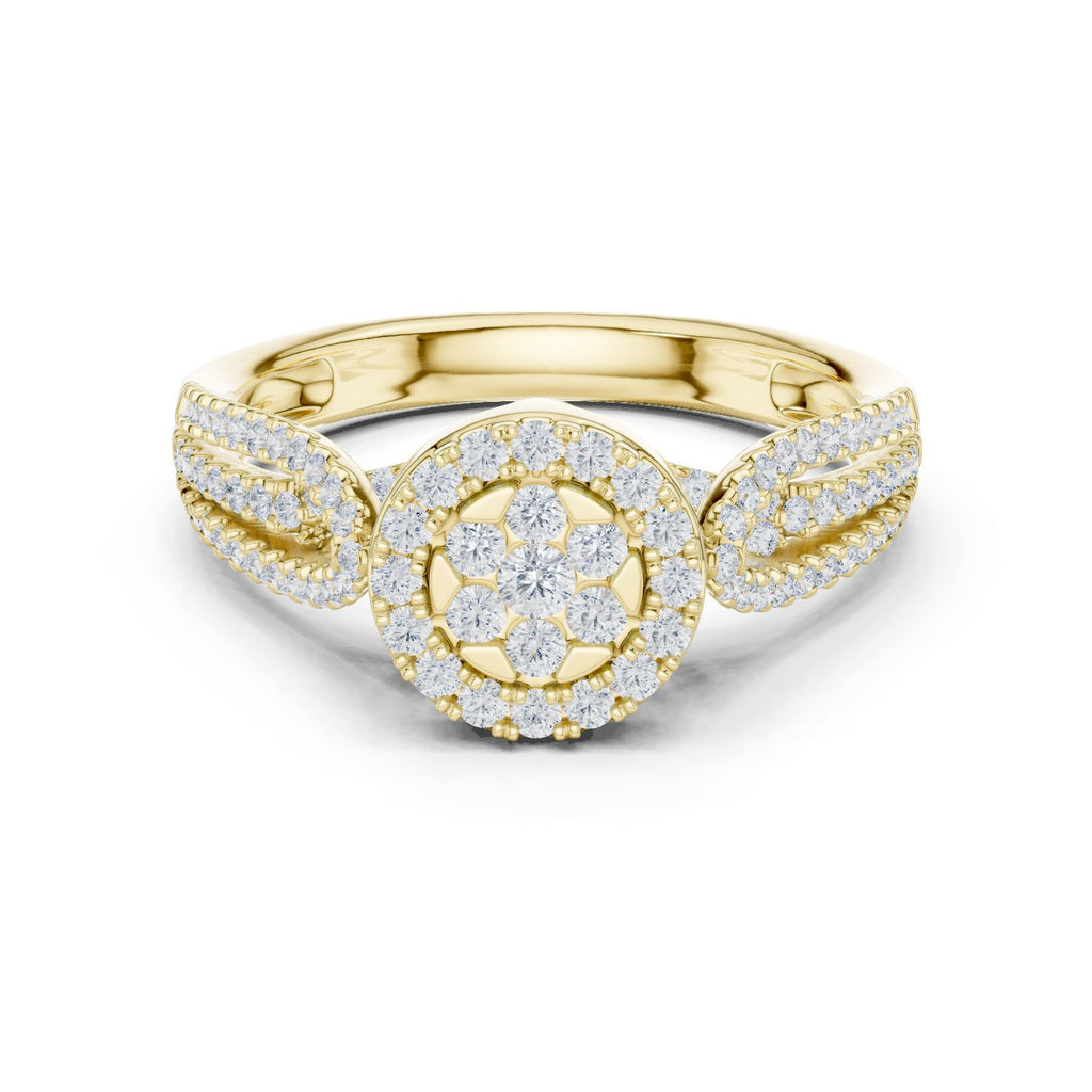 Round Diamond Floral Cluster Engagement Ring with Leaf Shoulders