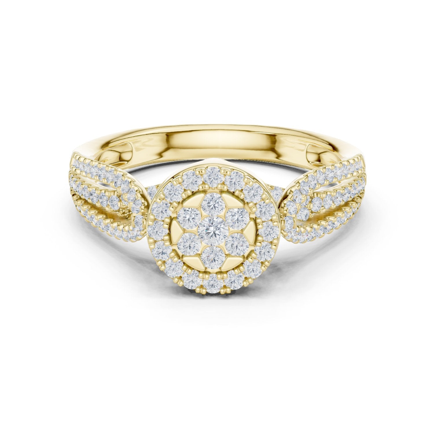 Round Diamond Floral Cluster Engagement Ring with Leaf Shoulders