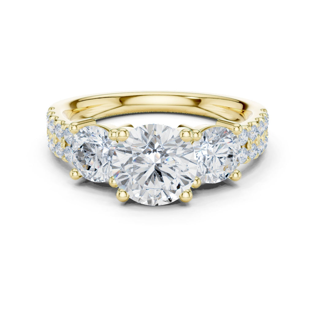 Cushion Cut Three Stone Engagement Ring with Round Sides and Pavé Band