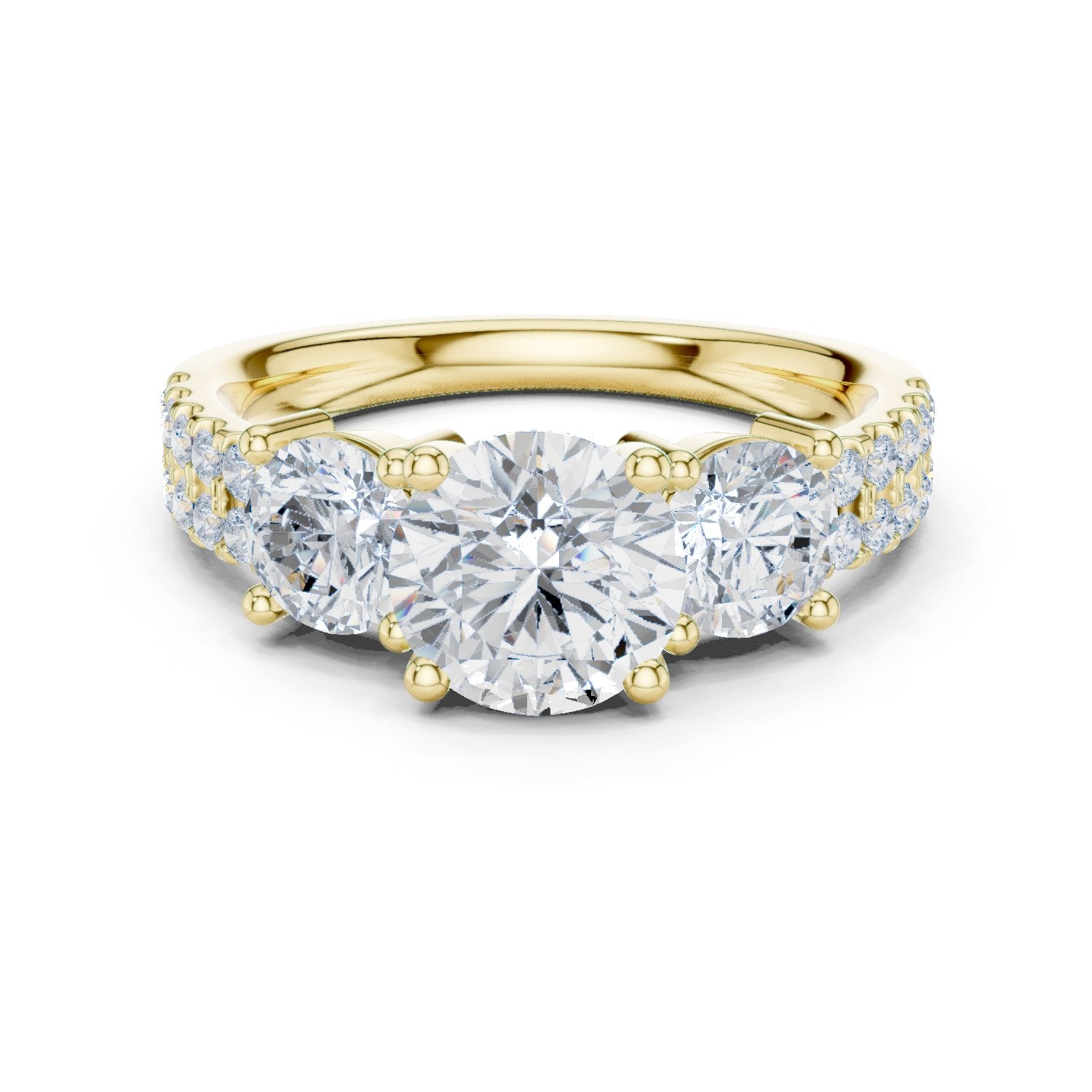 Cushion Cut Three Stone Engagement Ring with Round Sides and Pavé Band